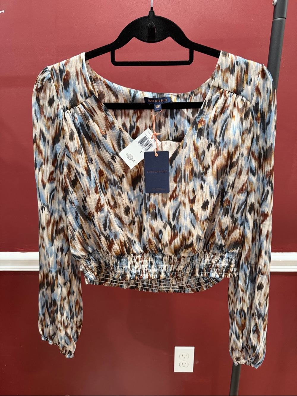 Skies Are Blue | Blue + Brown , Shiny Gold Lace Long-Sleeve Crop Blouse Smocked